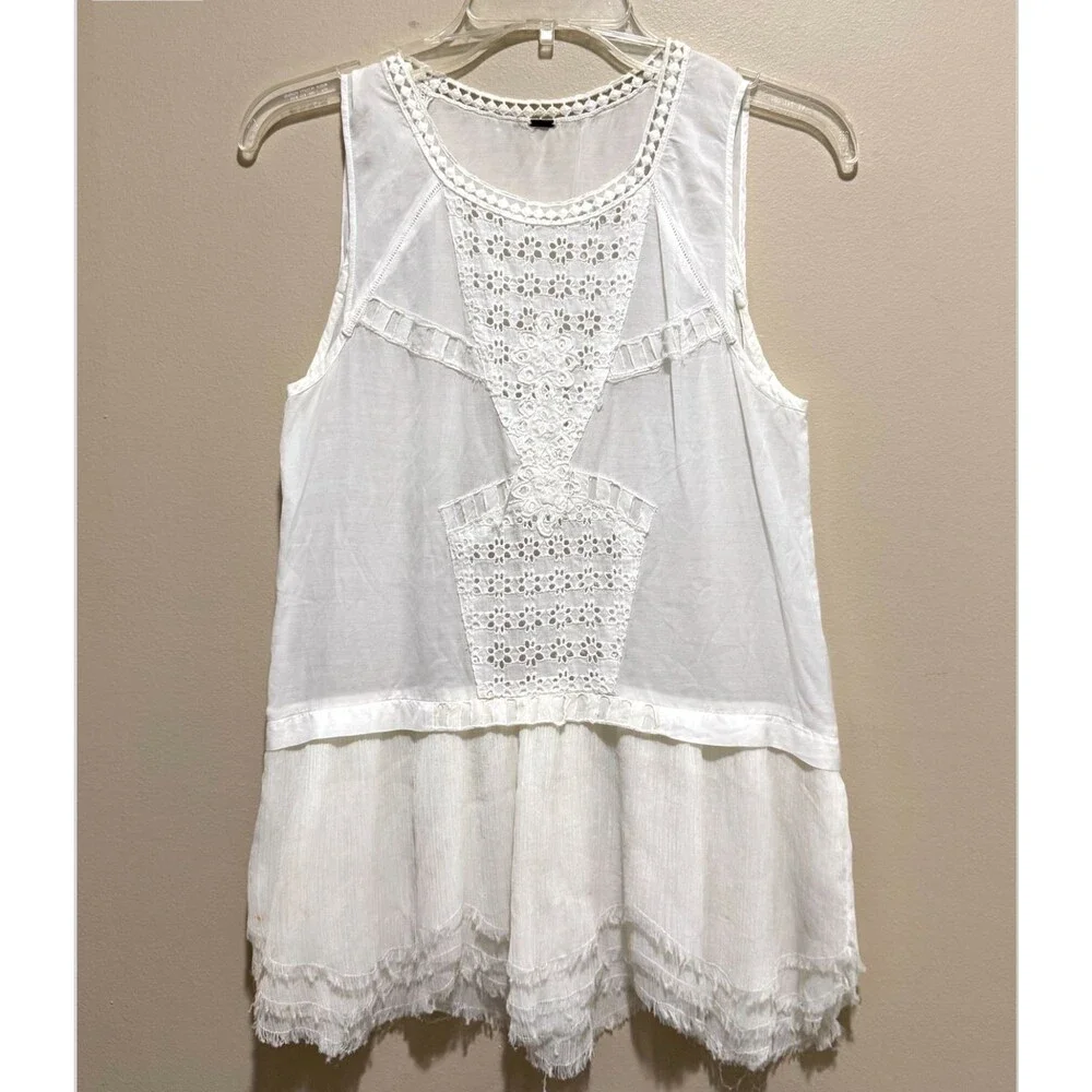 Free People Linen Crochet Lace Eyelet Peplum Cami White Boho Sheer Tank Blouse S